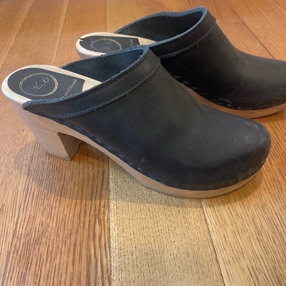 No. 6 Black Leather Mules with Wooden Heel